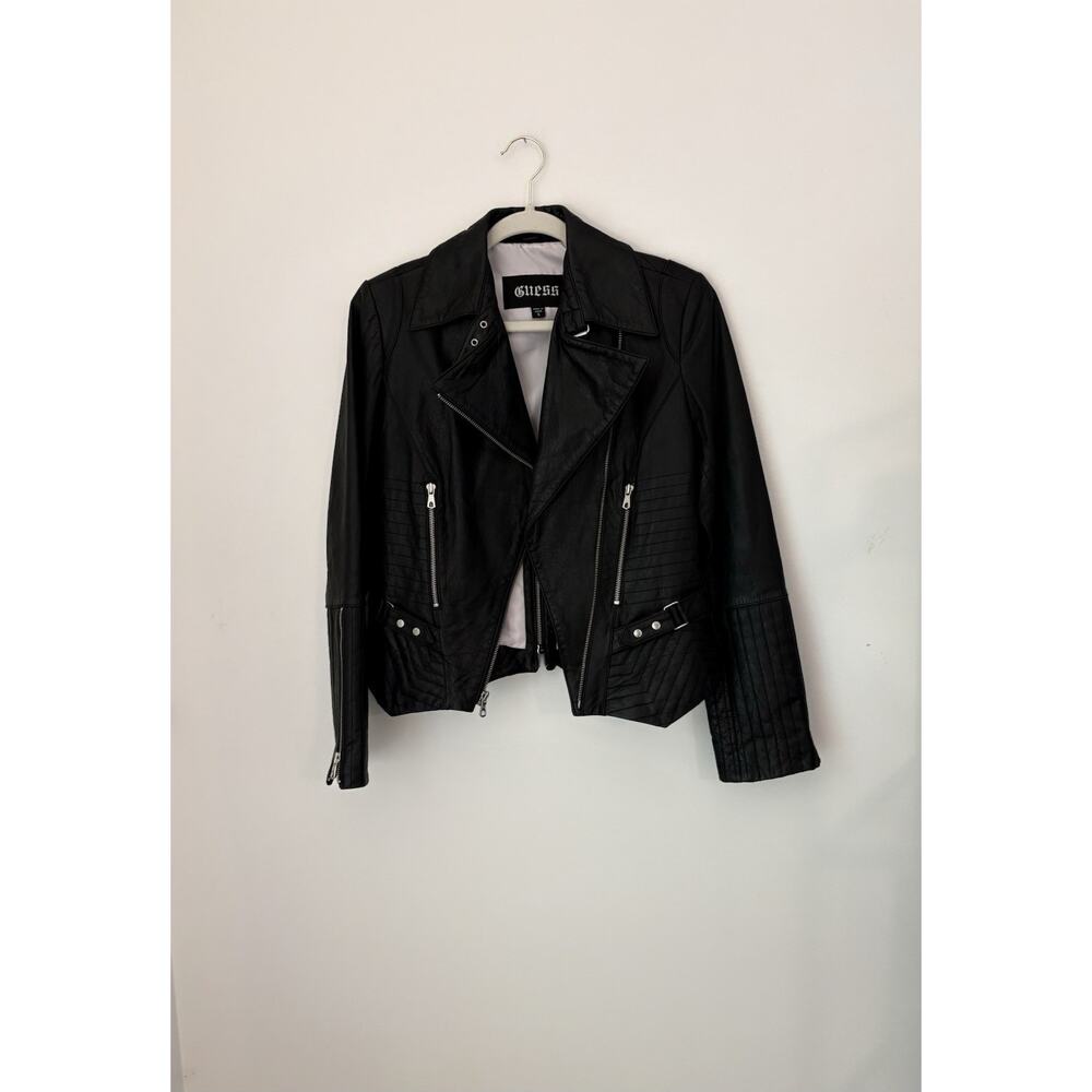 GUESS Vintage 100% Leather Jacket Biker Black Zip Women's Size Small - Picture 2 of 16